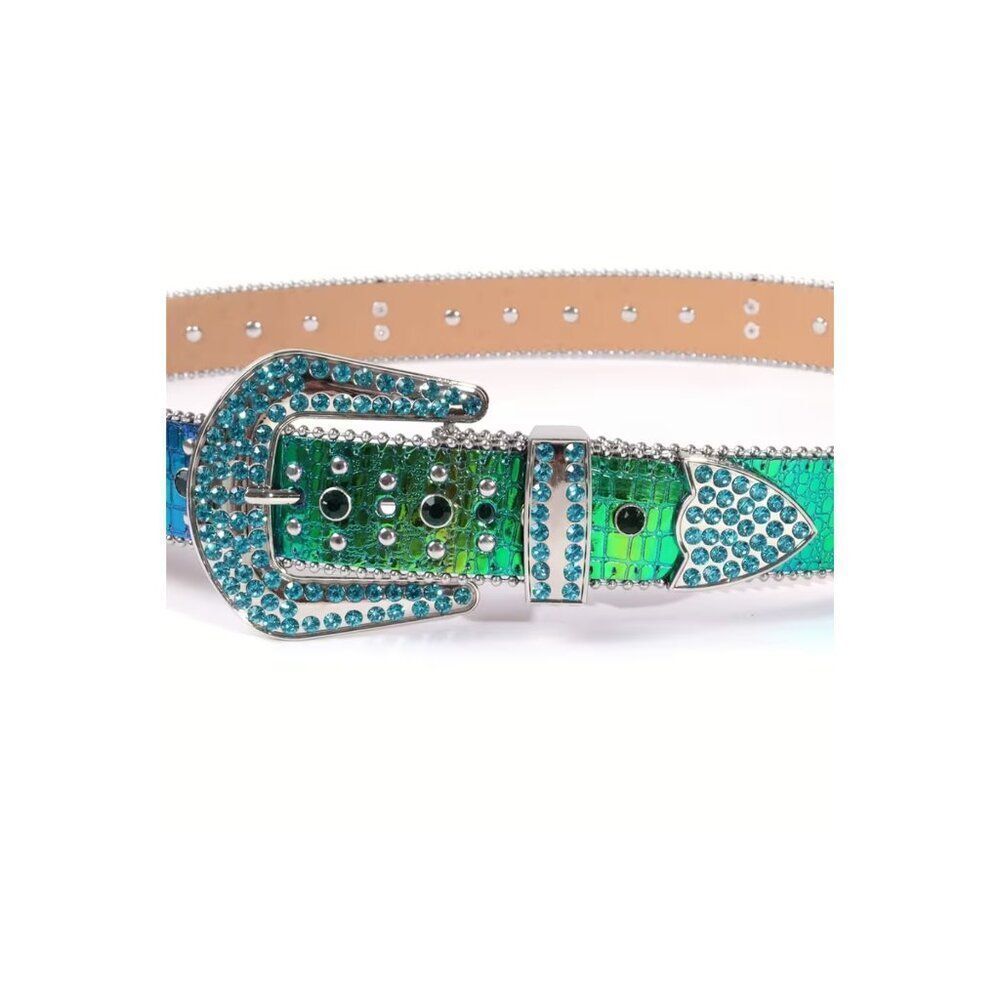 NWT Western Cowgirl Bling Rhinestone Belt Iridescent Green XL - Picture 2 of 5